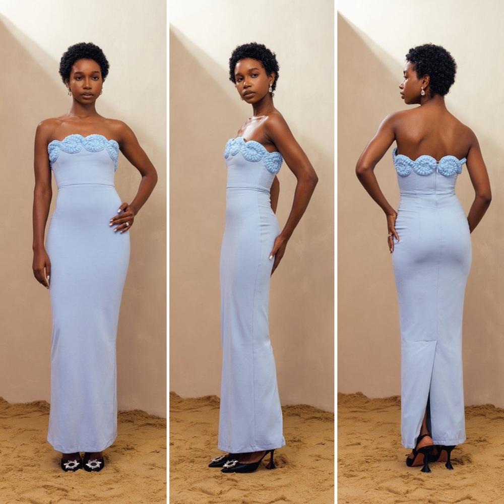 Elexiay x Free People Edo Crochet Flower Strapless Knit Fitted Light Blue Dress
